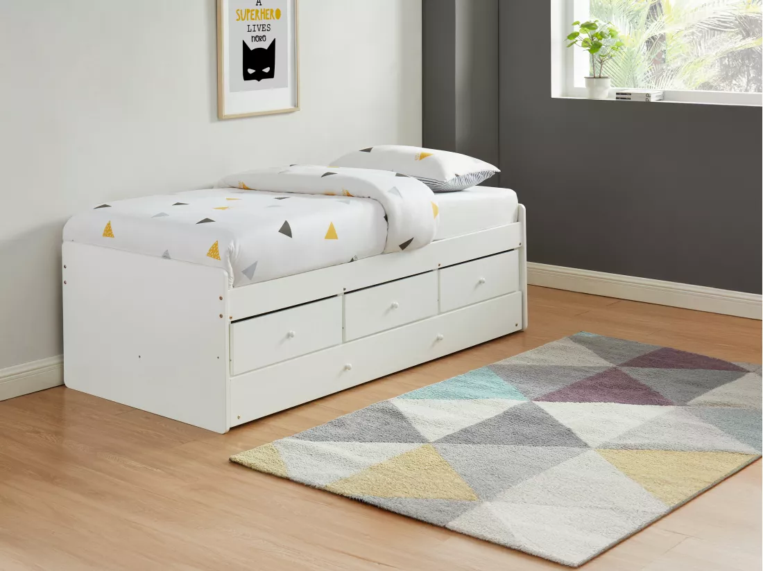 Lit gigogne TITOUAN avec 3 tiroirs - 90 x 190 cm - MDF et Pin - Blanc