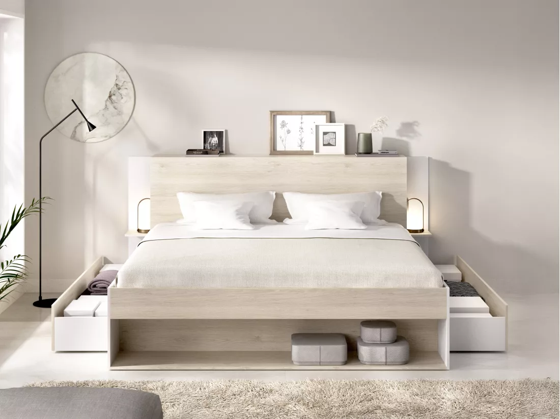 Lit 140 x 190 cm avec rangements - Coloris : Naturel et blanc - KEROSIA