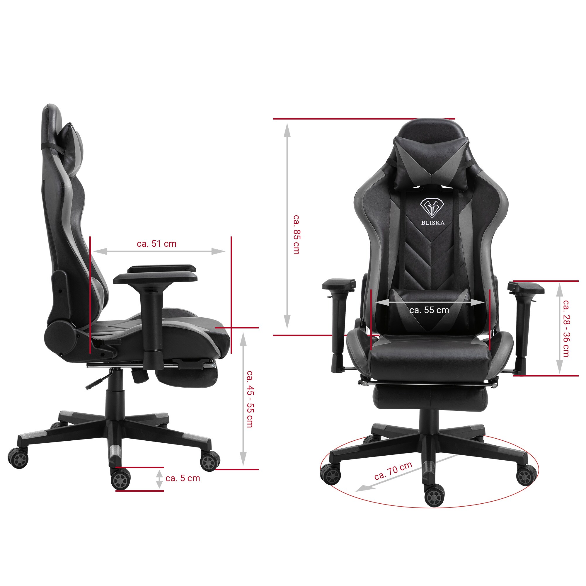 Gaming Stuhl mit Fußstütze und ergonomsichen 4D-Armlehnen gaming chair in ergonomischer Sportsitz Optik Gamer Stuhl mit verstellbaren Rückenstützkissen Bürostuhl