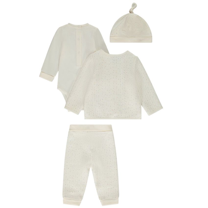 Ensemble 4 pièces imprimé pois multicolores pour bébé - Ecru