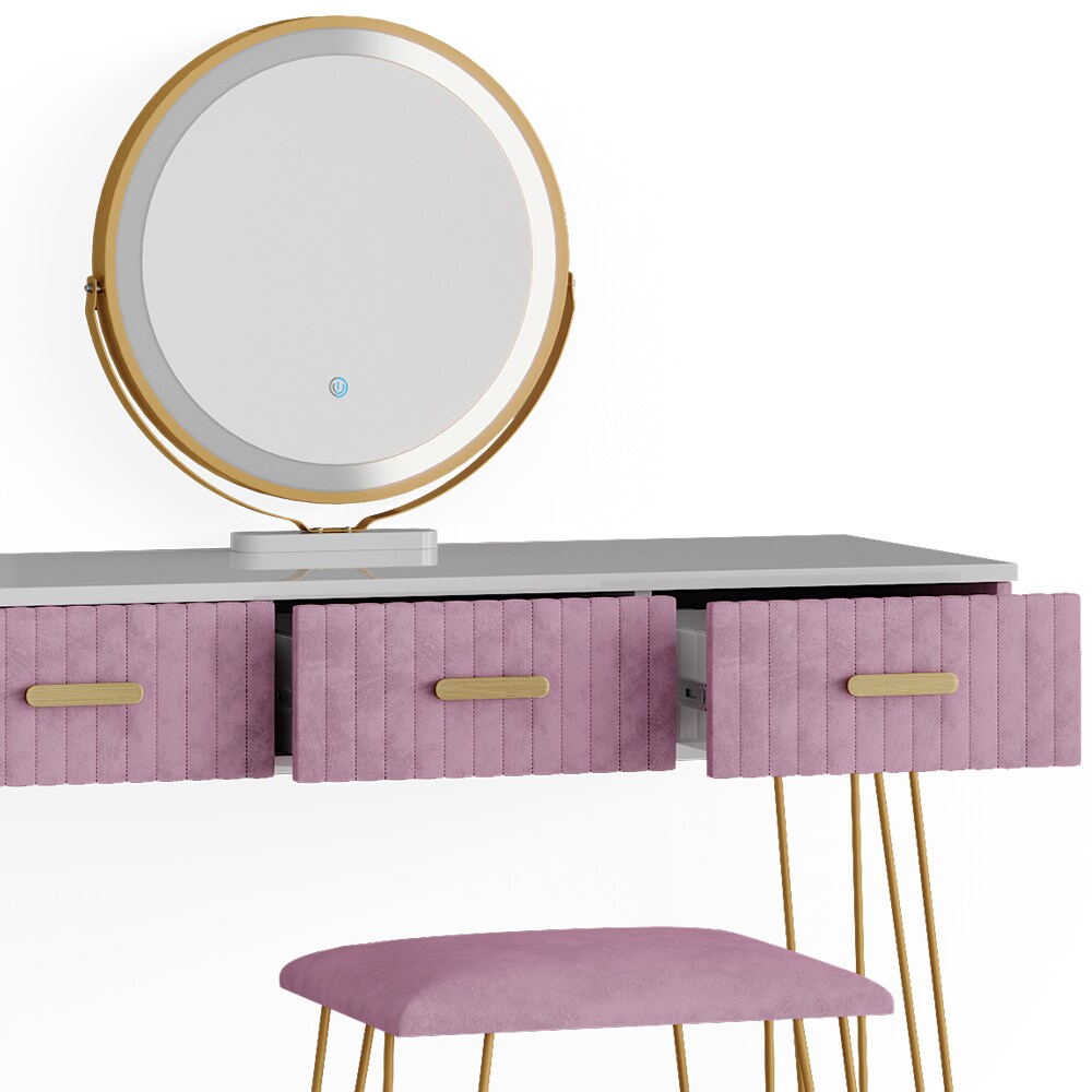 Vicco Schminktisch Frisiertisch Schminkkommode Layla Weiß Rosa LED-Spiegel Design-Hocker 100x79 cm modern Schlafzimmer Kommode Schublade Ablage Aufbewahrung Touch-Switch Kosmetiktisch Make-Up-Tisch
