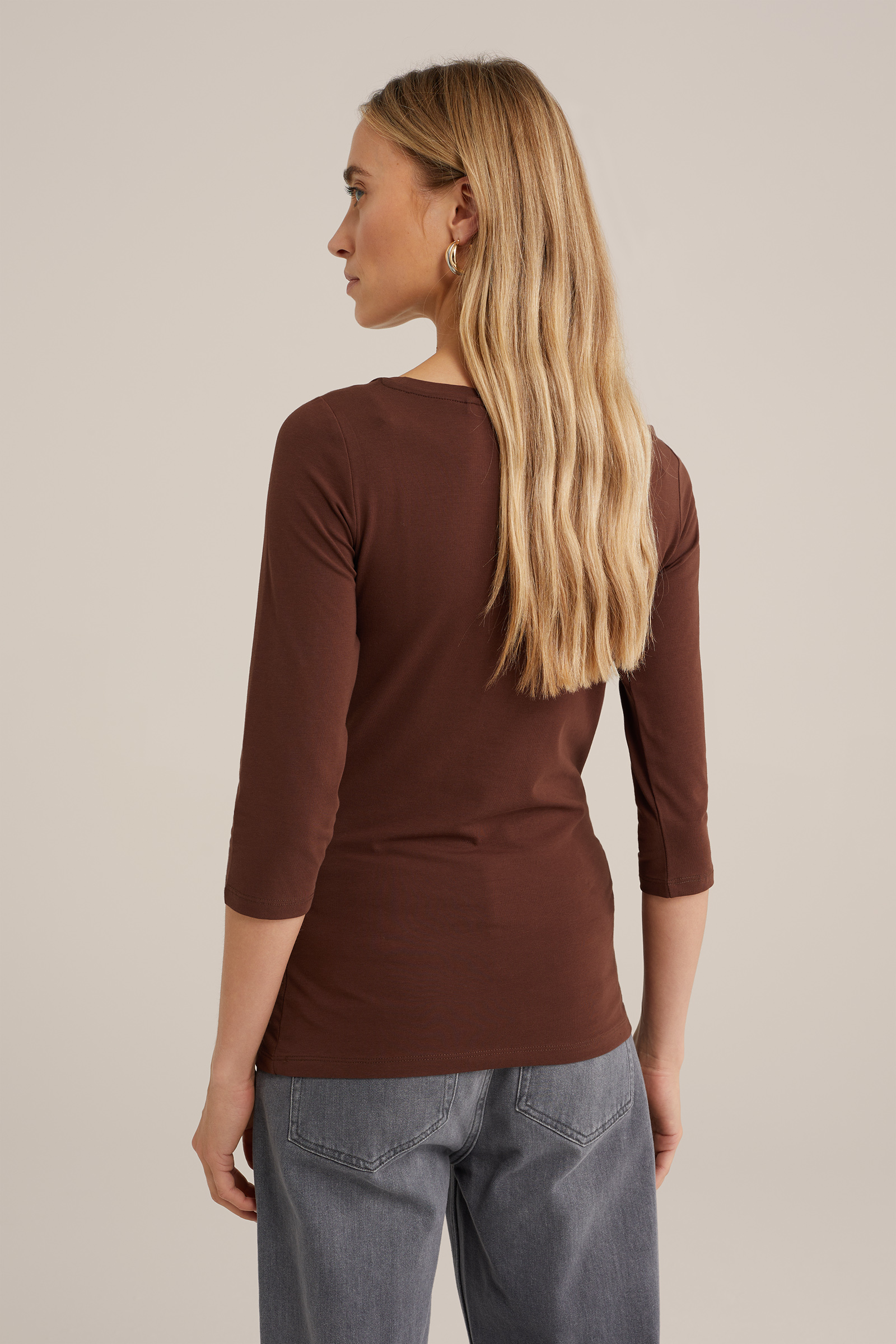 T-shirt met driekwart mouwen WE Fashion Donkerbruin