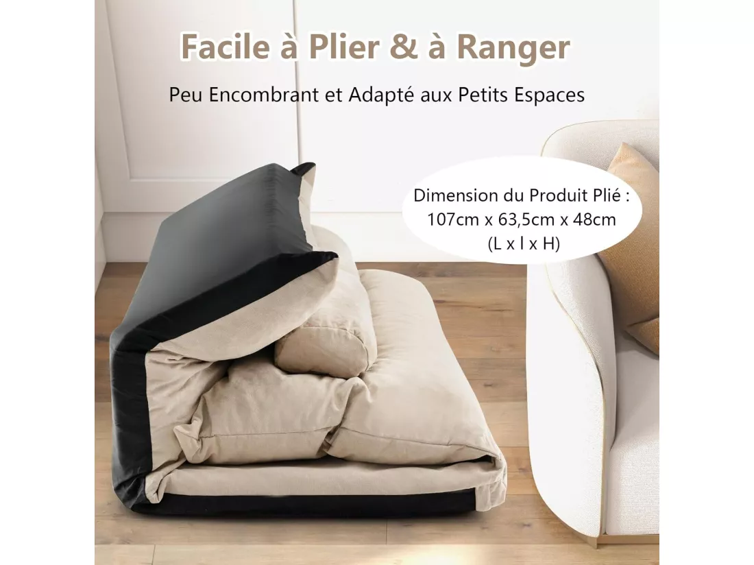 Canapé-lit Paresseux Pliable, Canapé Convertible avec Dossier Réglable à 42 Positions, Chauffeuse avec 2 Oreillers, pour Salon, Chambre, Balcon (Beige)