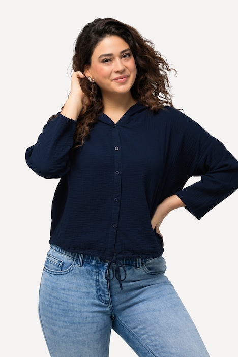 Bluse, Musselin, Kapuze, Oversized, 3/4-Arm
