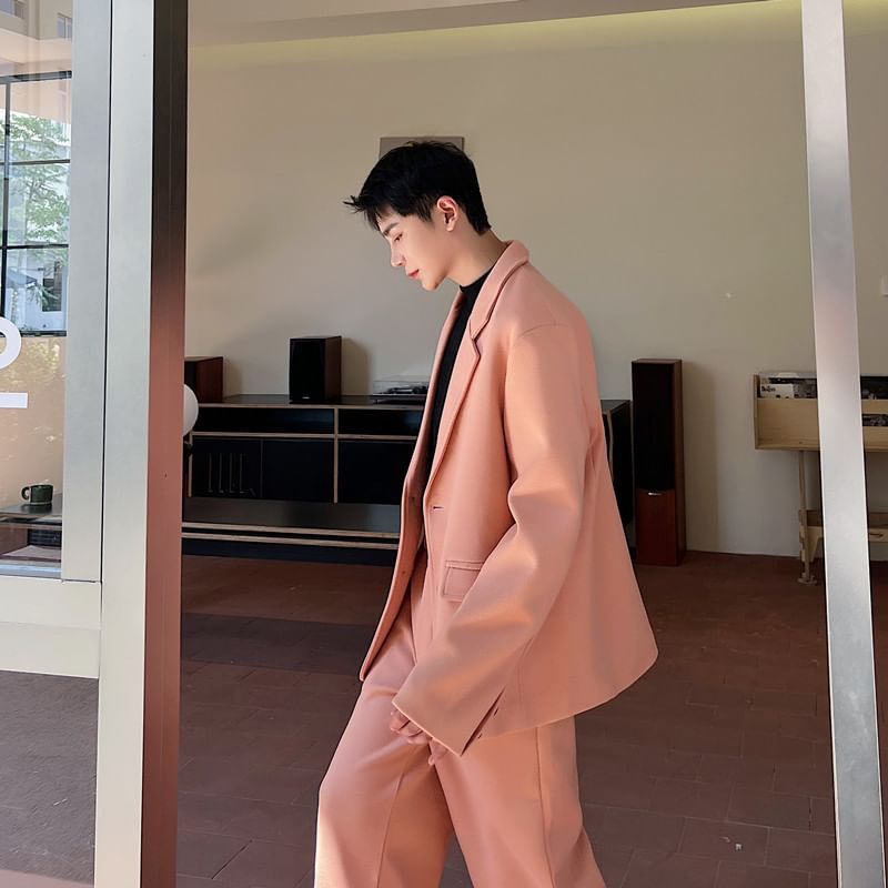 Omozando - Effen enkelrijs blazer / Hoge taille wijde broek