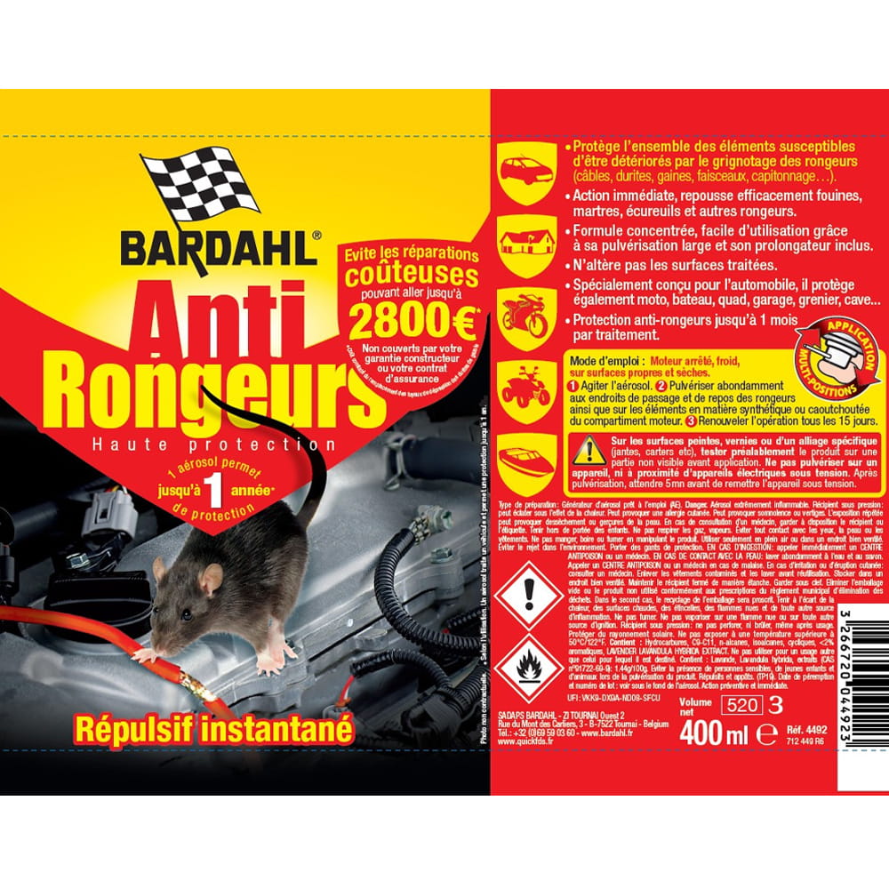 Anti-rongeurs répulsif BARDAHL 400 ml + 100 ml offerts