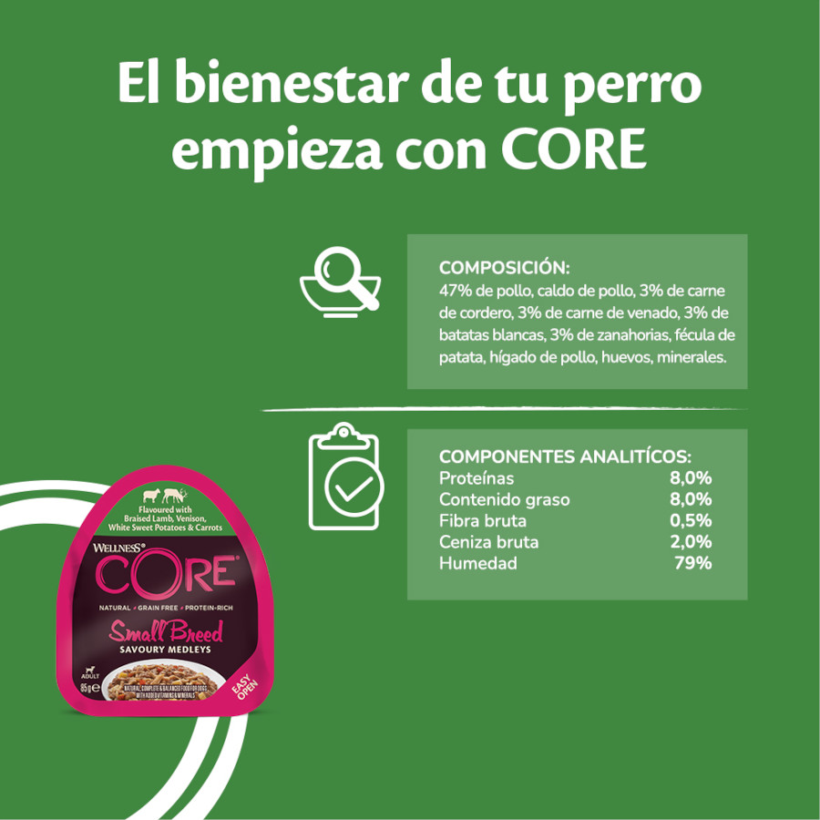 Ração para cães Wellness Core para raças pequenas, sem grãos, com carne de cordeiro e veado, 85g (pote).