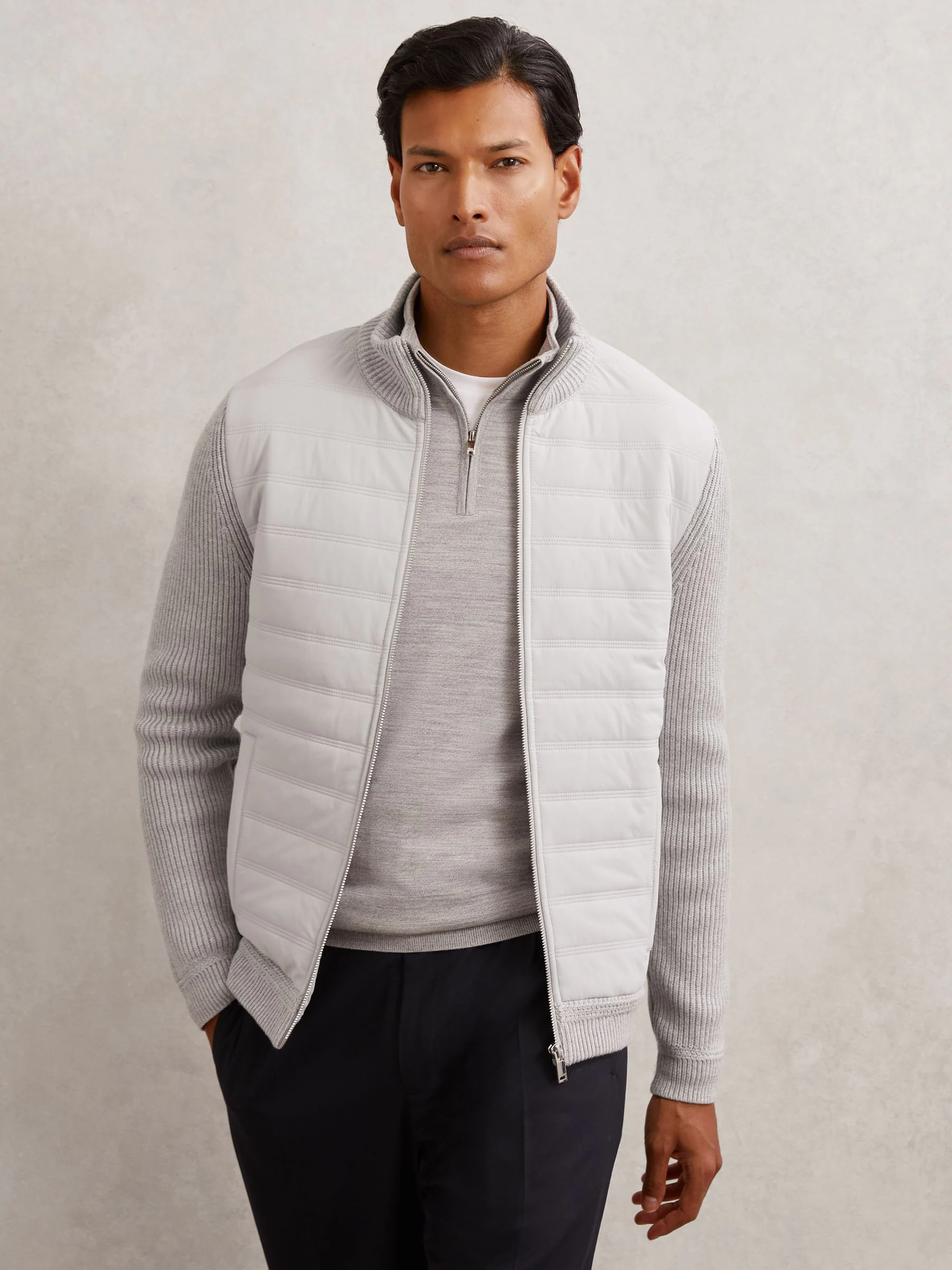 Zachtgrijs - Reiss Townsend Quilted Rib-Knit Funnel-Neck Jacket