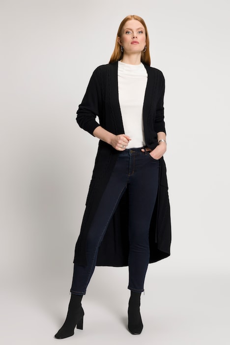 Long-Strickjacke, Zopfmuster, offene A-Linie, Schalkragen