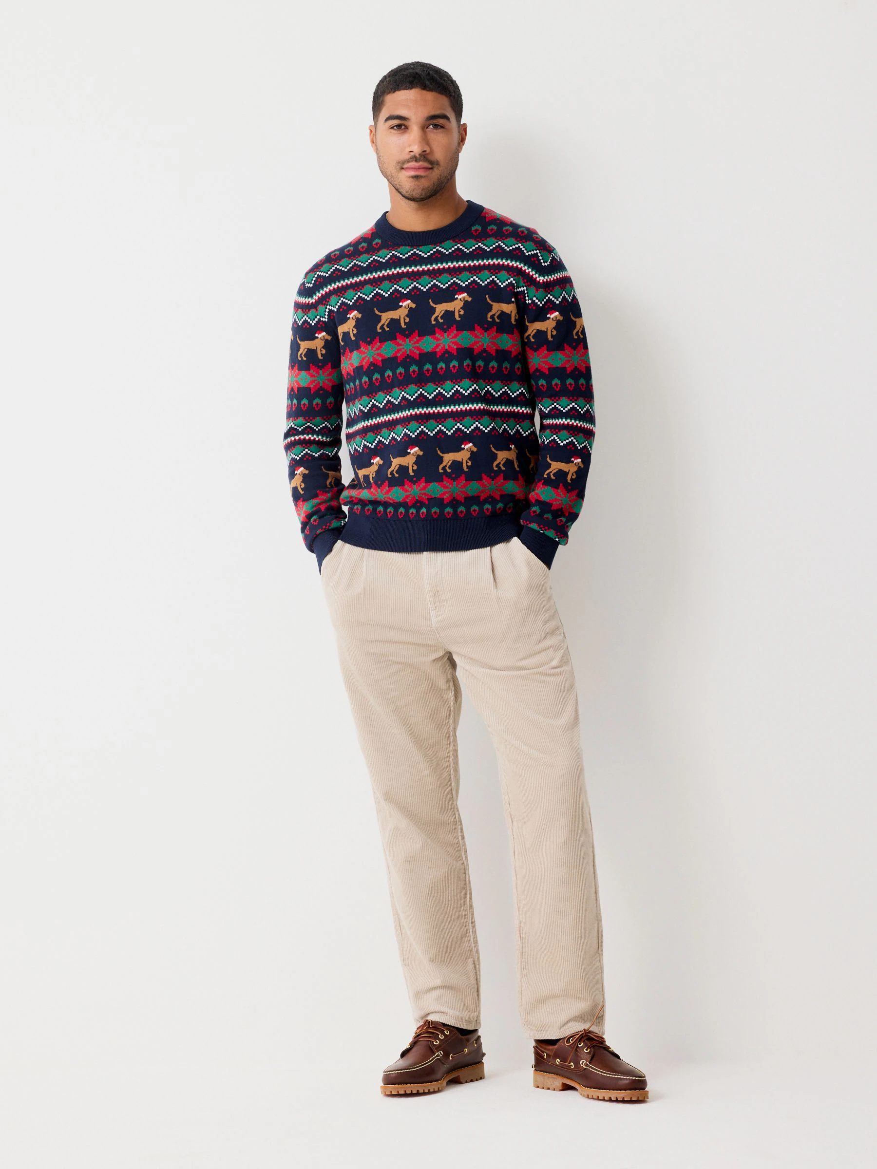 Donkerblauw - Regular Fit Christmas Dog Fairisle Pattern Crew Neck Jumper