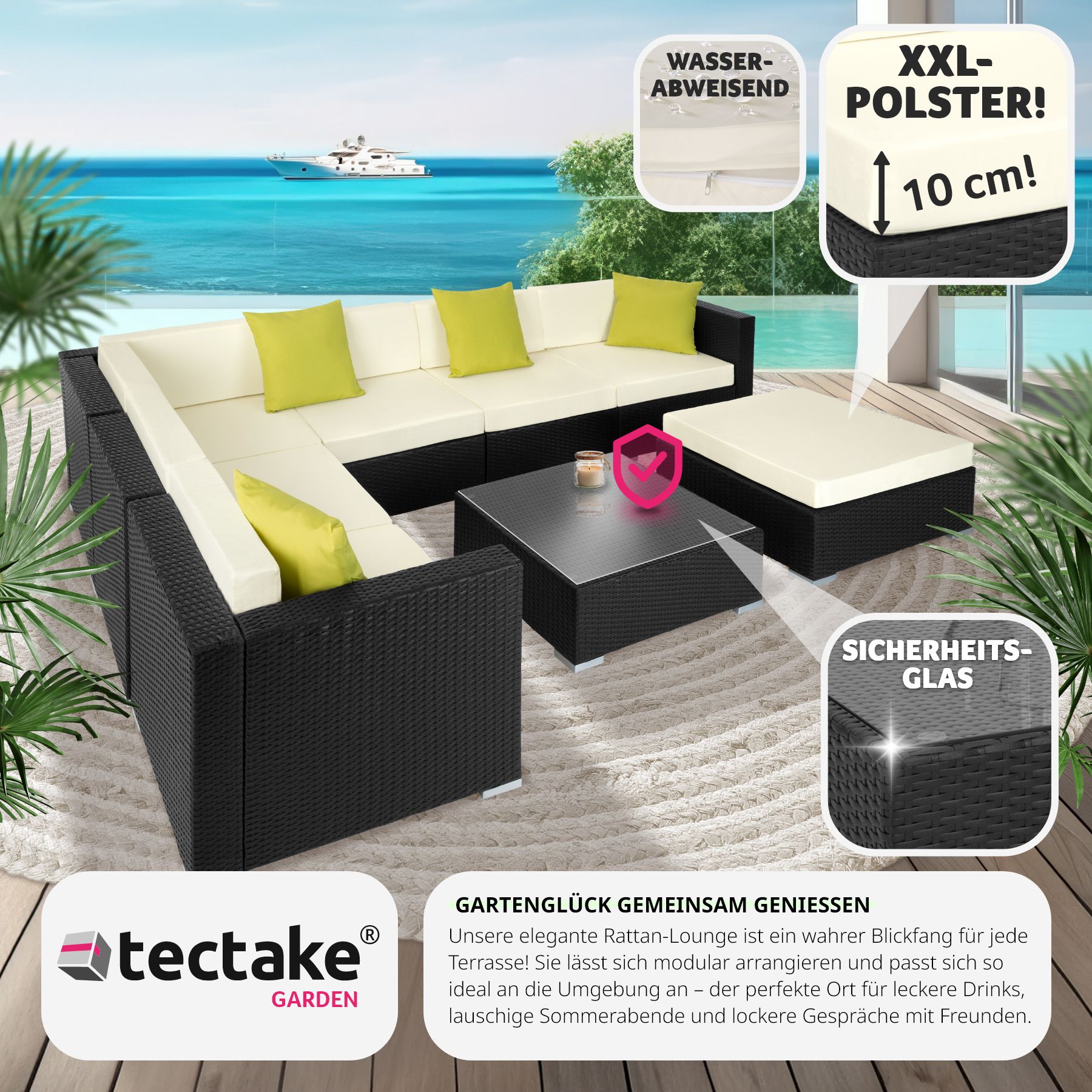 tectake® Rattan Lounge, mit Aluminiumgestell, wetterfest und UV-beständig, mit Sicherheitsglasplatte