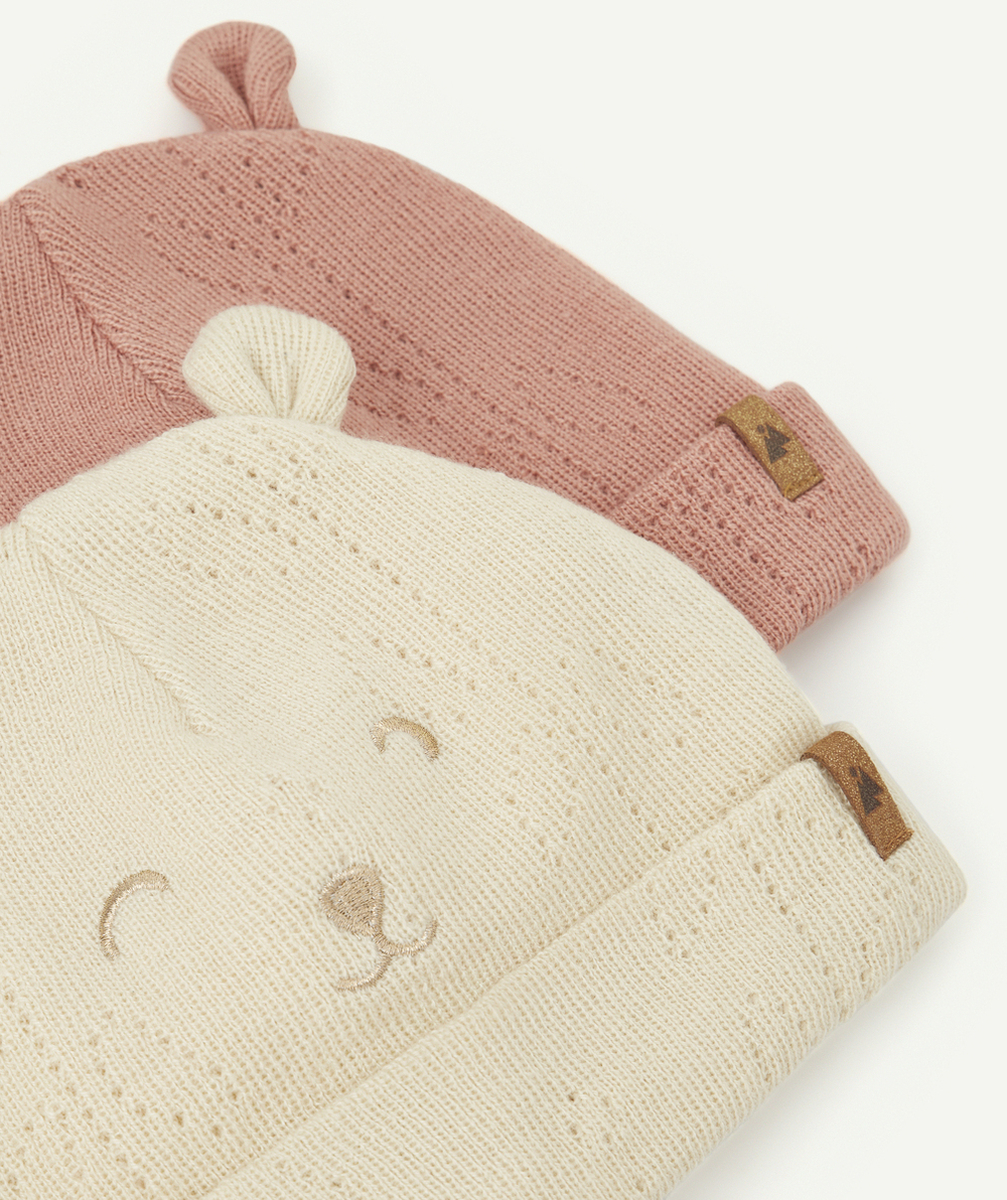 LOT DE 2 BONNETS BÉBÉ FILLE EN MAILLE AJOURÉE ROSE ET BEIGE