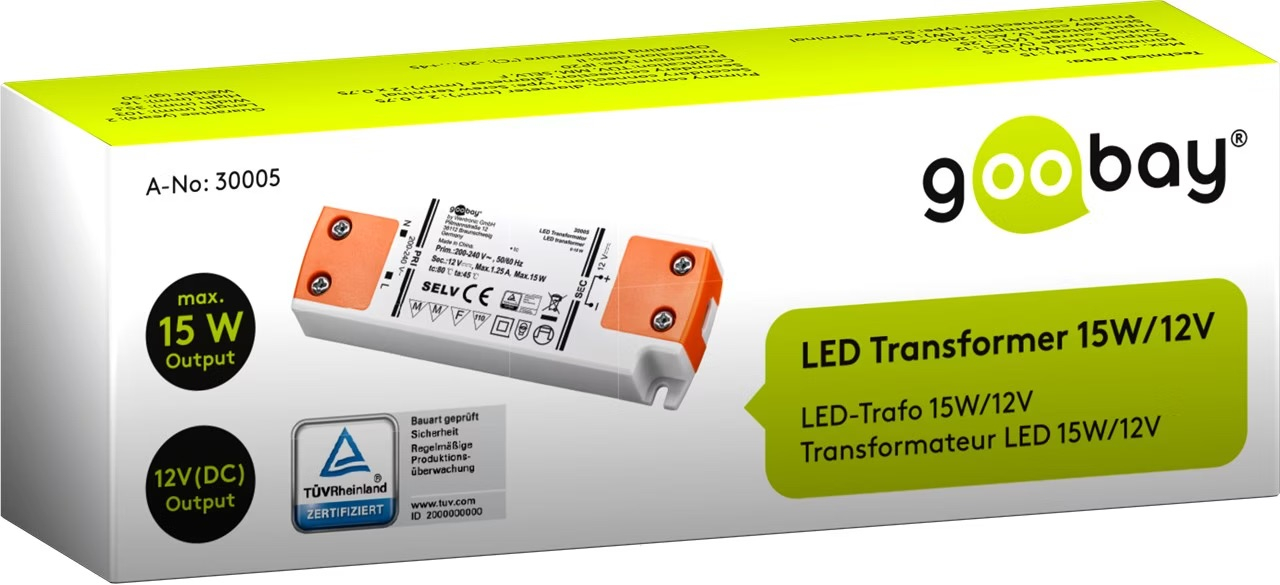 LED Trafo Transformator Netzteil 15W / 12V / 1.25A  für LED Beleuchtung (30005) (IP20) - Weiss / Orange