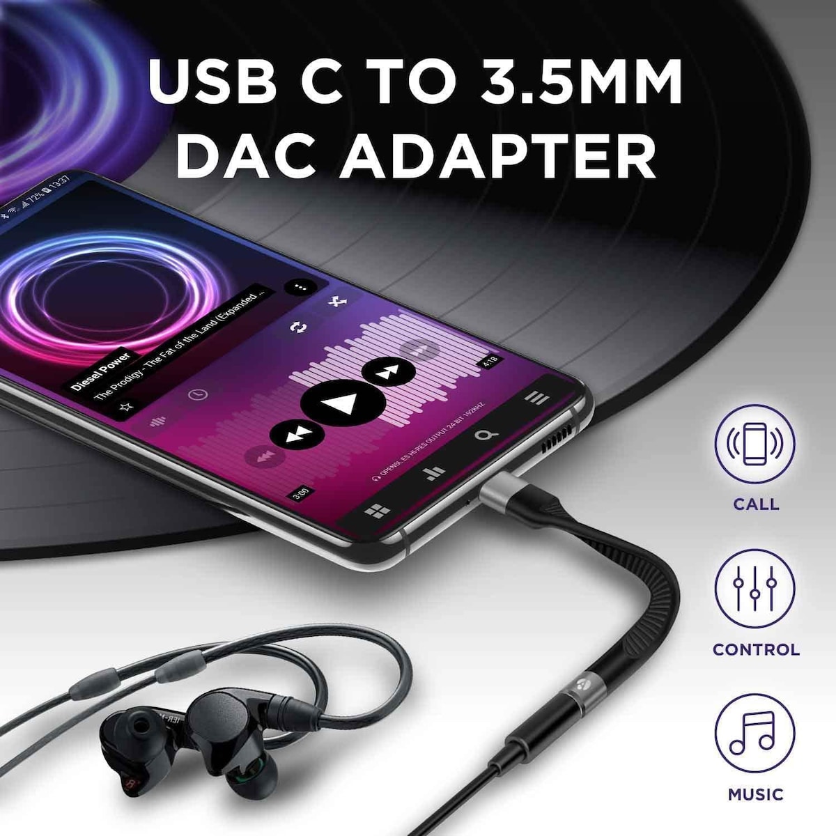 NÖRDIC kort flatkabel 14 cm USB-C til 3,5 mm lydadapter DAC USB-C hodetelefonadapter