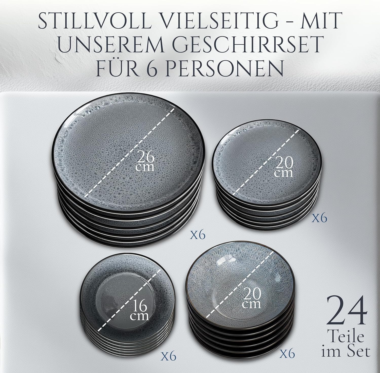 Steingut Geschirrset 6 Personen Ibiza 24 tlg, Traumhaftes Mediterranes Steingut Geschirr Set, Schüssel- und Teller Set, Tafelservice 6 Personen, Geschirrsets Pure Living in Grau/schwarz