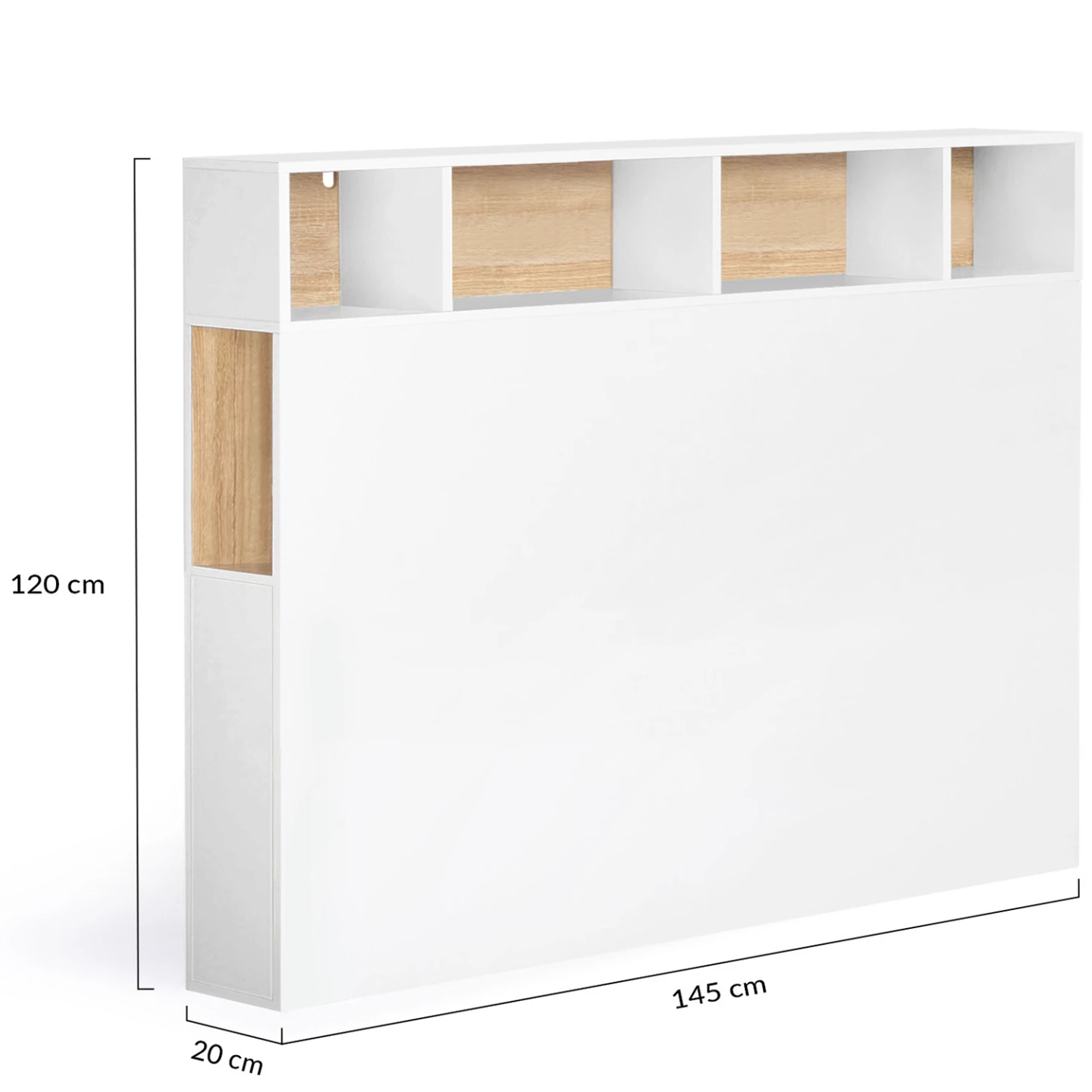 Tête de lit sur pied CLEO 145 cm avec rangements fermés et niches blanc et façon hêtre