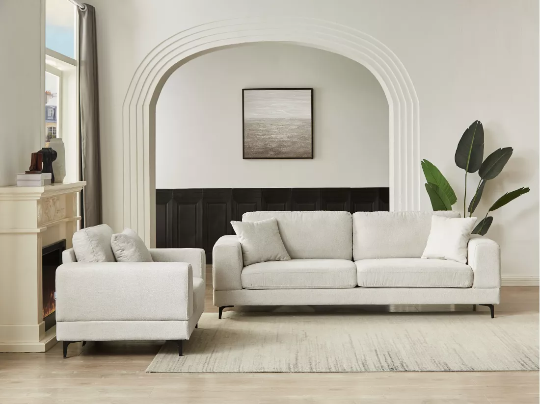 Canapé 3 places et fauteuil en tissu texturé beige JAMOLO