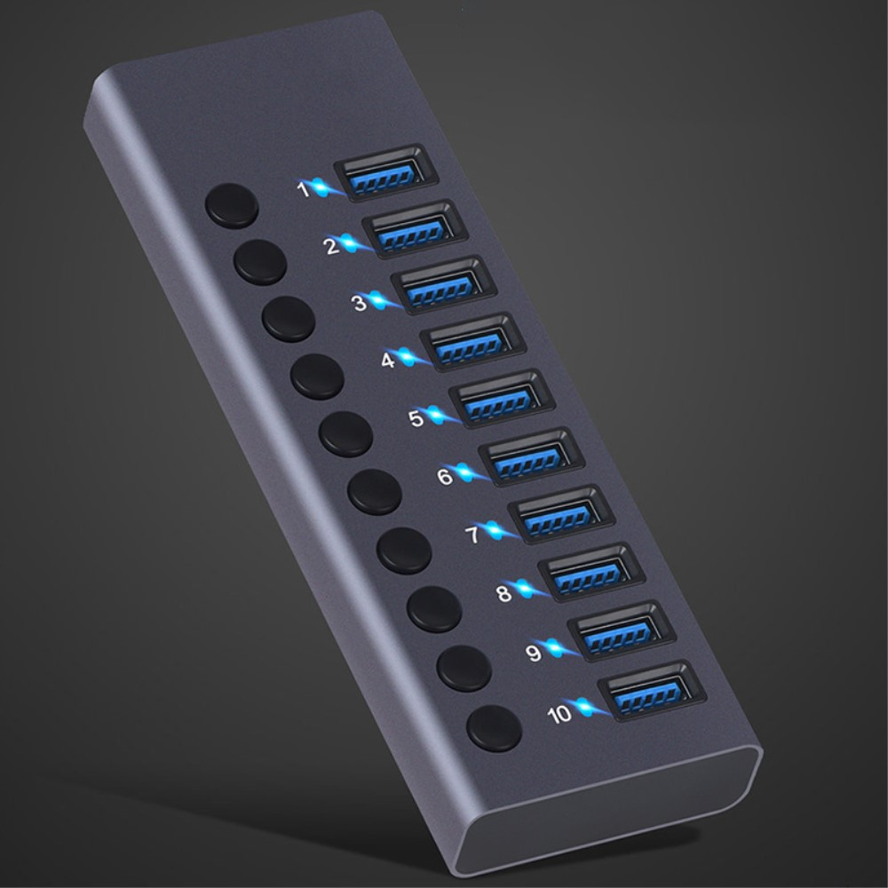 10-fach Aktiver Aluminium USB 3.0 Hub Steuerung Tastenschalter 300Mb/s   Netzteil (12V/5A) - Schwarz
