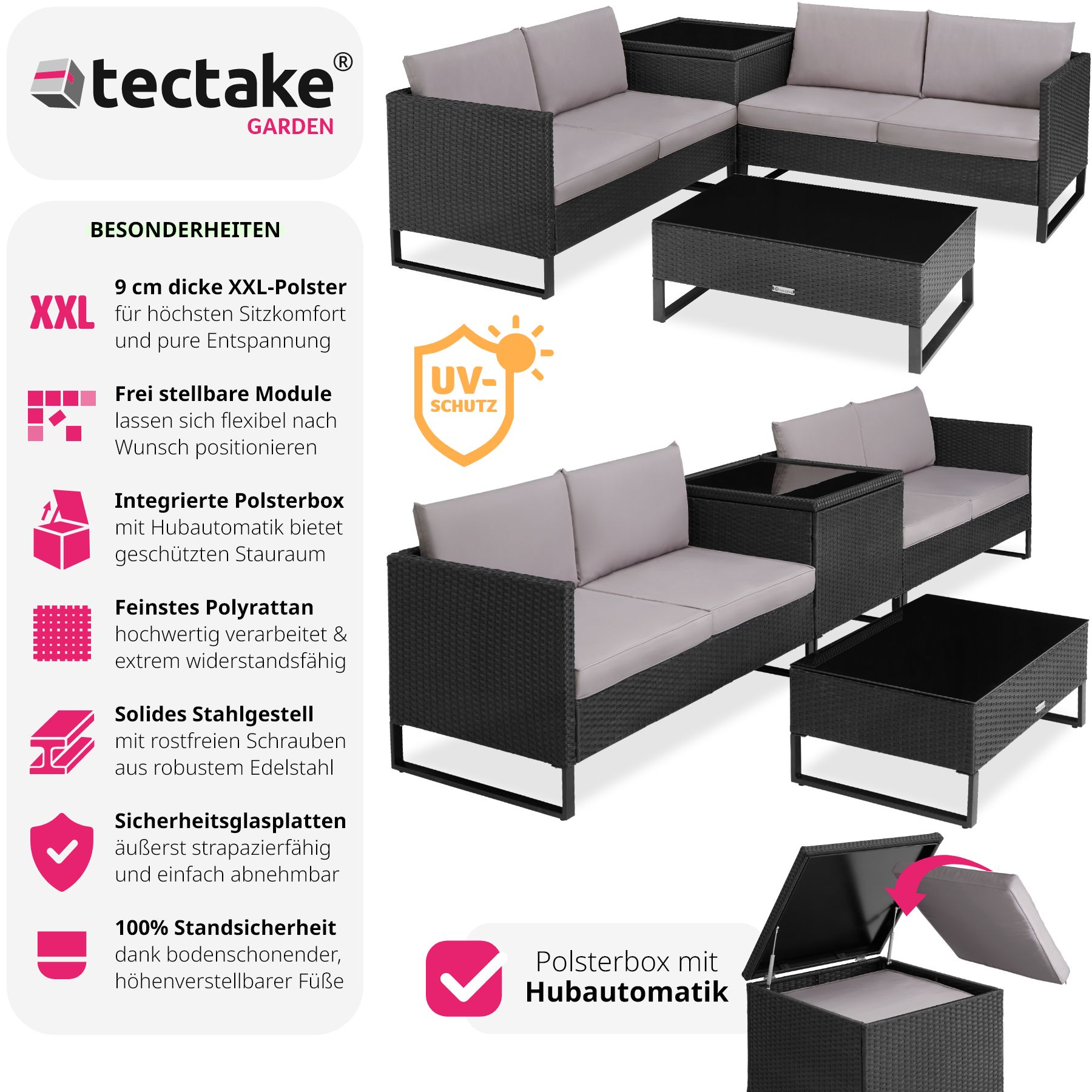 tectake® Rattan Lounge, für 4 Personen, große Aufbewahrungsbox, mit Sicherheitsglasplatte
