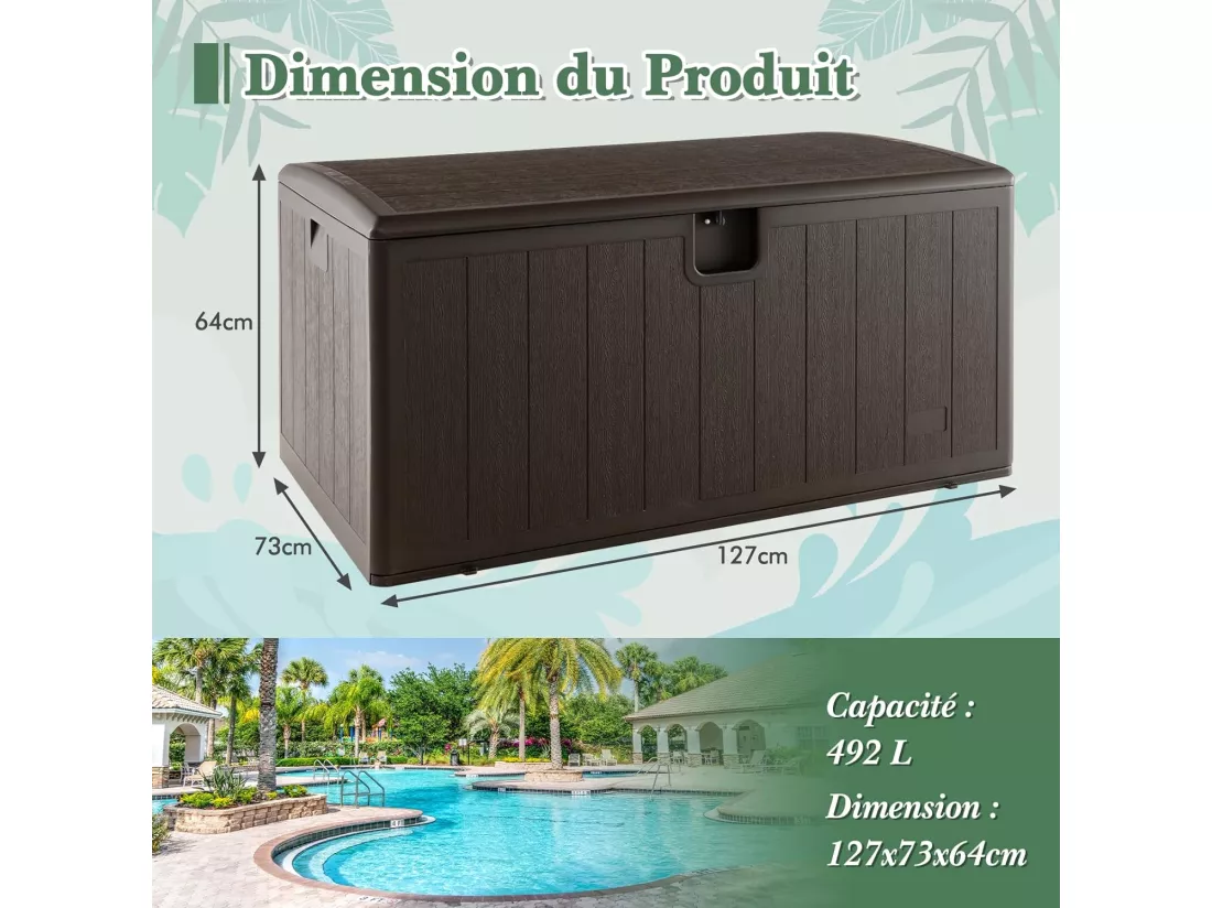 Coffre de Rangement Extérieure en HDPE 492L, Grande Boîte de Rangement avec Couvercle Verrouillable, pour Ranger des Oreillers Outils Jouet Accessoires (127 x 73 x 64 cm)