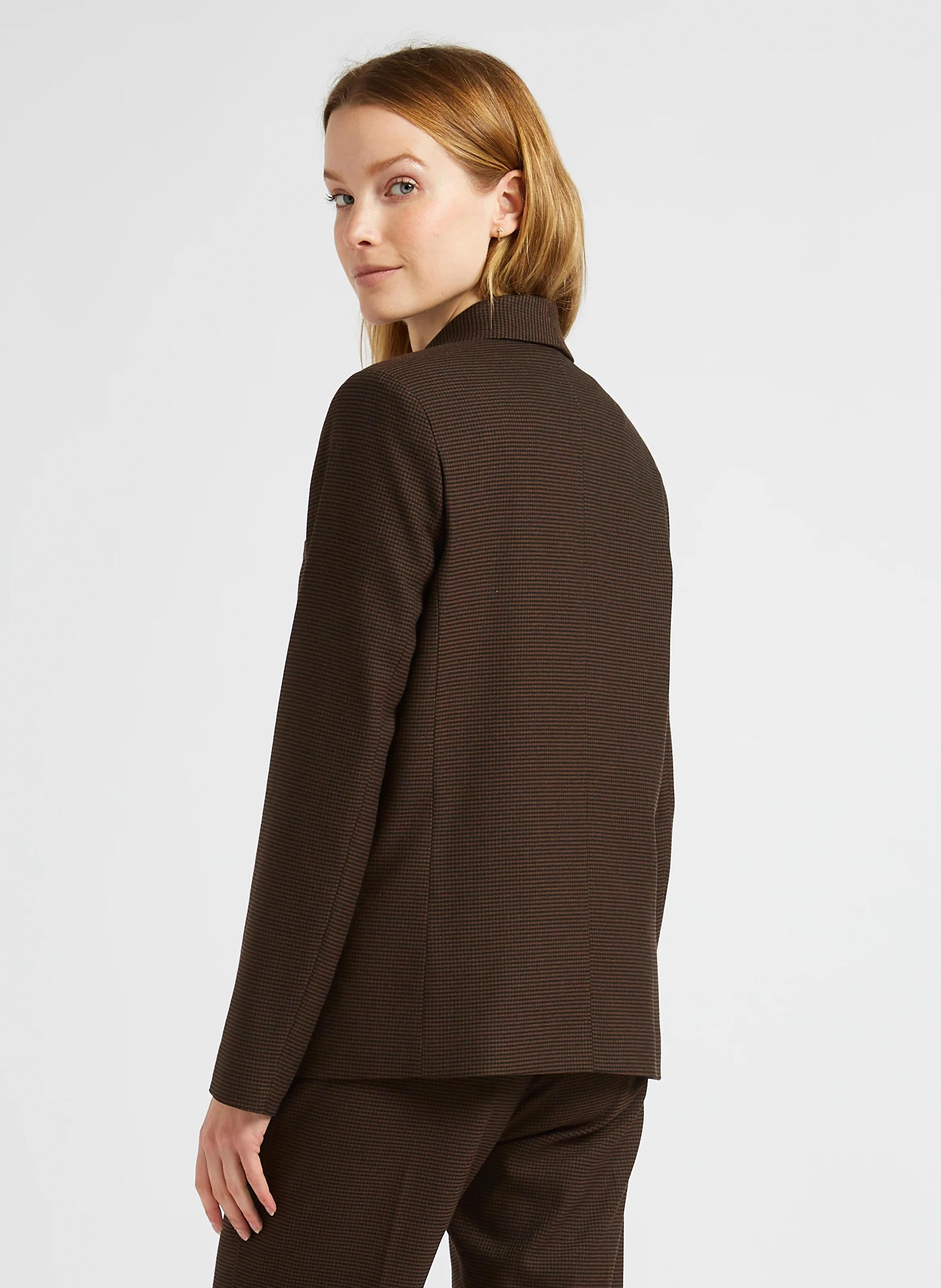 Veste droite col châle à carreaux| Marron