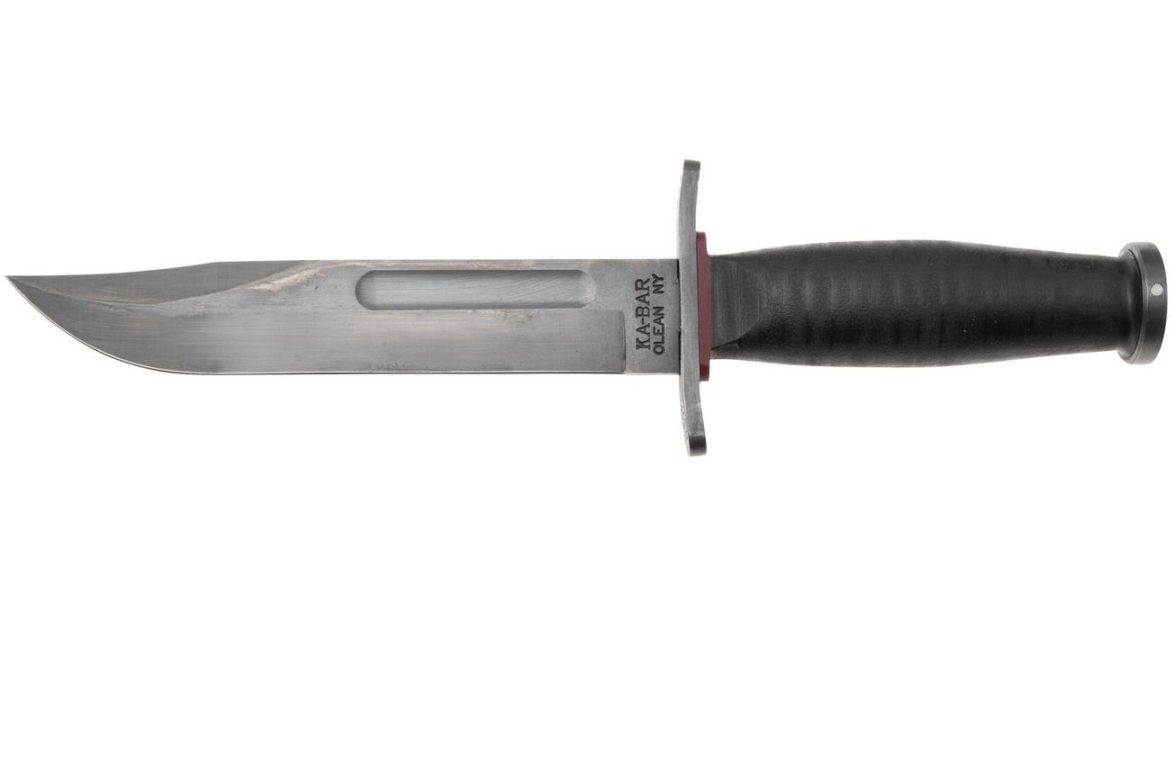 KA-BAR State & Union USN Red Spacer SU6425, Gun Blued 1095CV, Stacked Leather, vaststaand mes