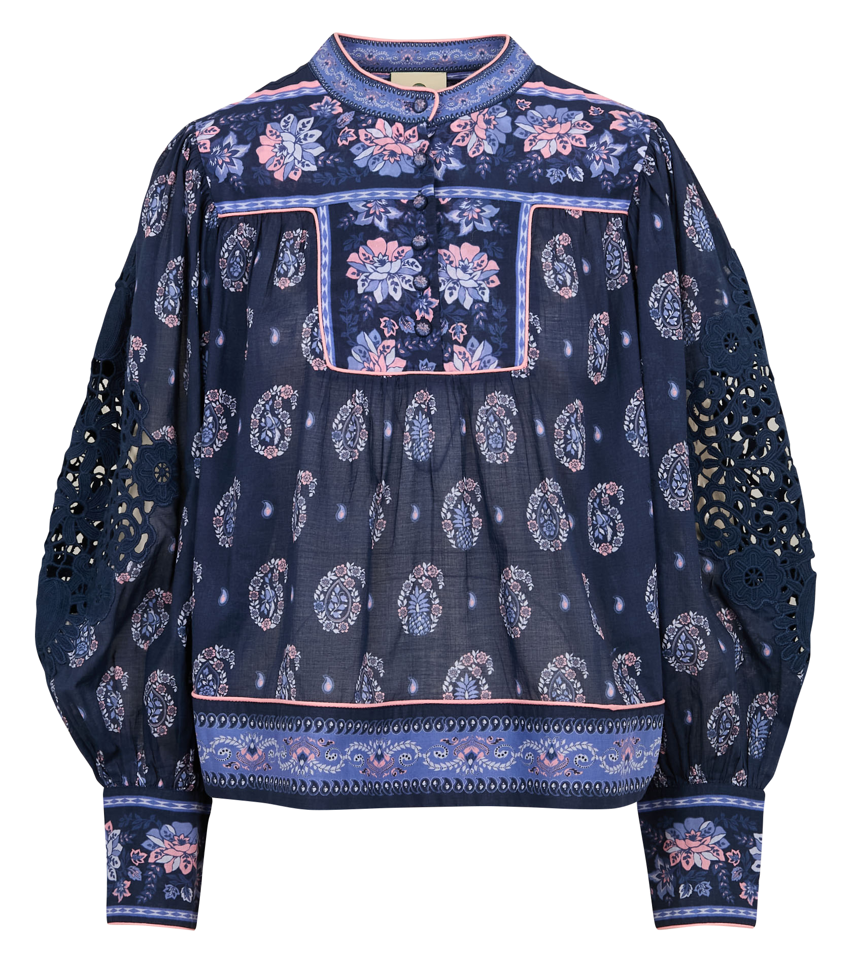 Blouse droite col montant en coton imprimé | Bleu