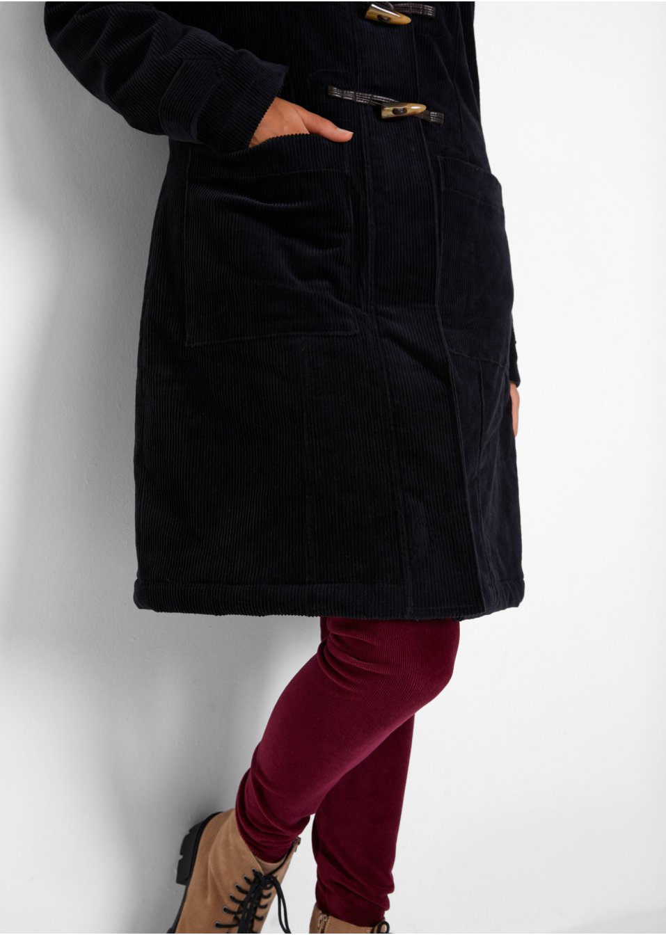 Duffle-coat en velours côtelé doublé, mi-long