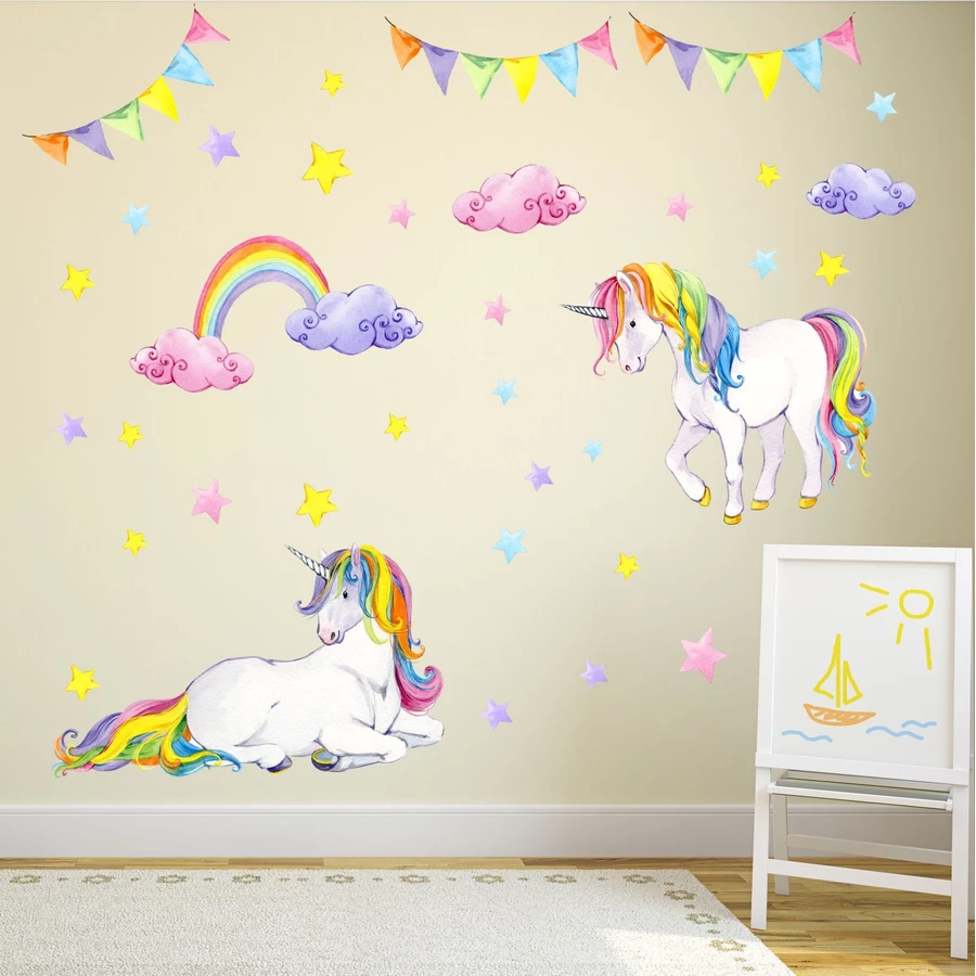 Nikima Wandtattoo 072 Wandtattoo Einhorn bunt Regenbogen Kinderzimmer Baby Mädchen bunt