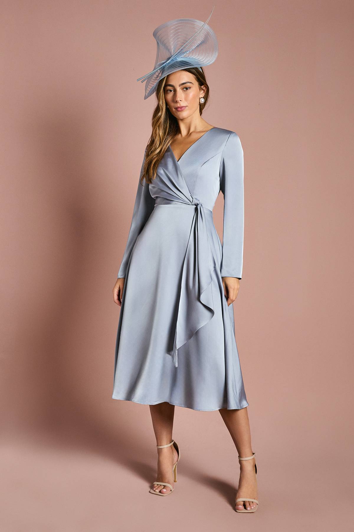 Coast Robe Midi Satinée à Manches Longues avec Drapé Cascade