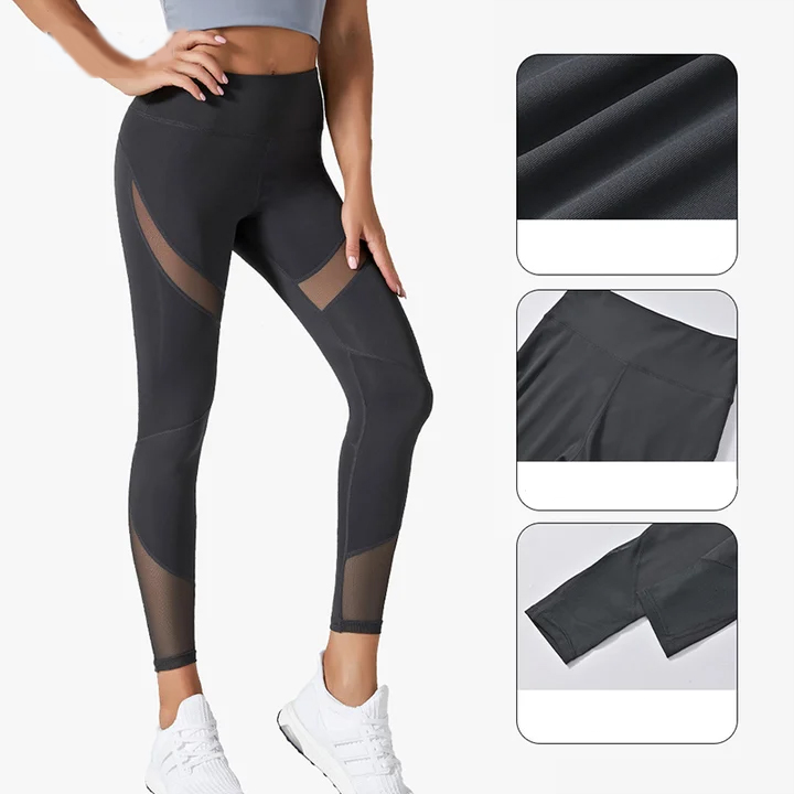 (Gr. M) Elastische Seamless Sport Push Up Leggings mit Mesh Einsätzen High Waist Shaping Stretch Hose - Schwarz