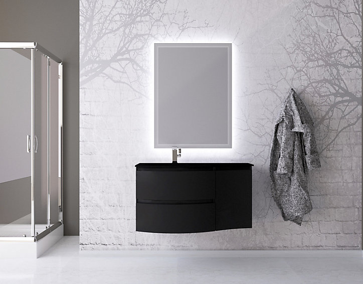 Ensemble Vague L.104 cm meuble sous vasque noir mat à suspendre + complément droit + plan vasque verre noir