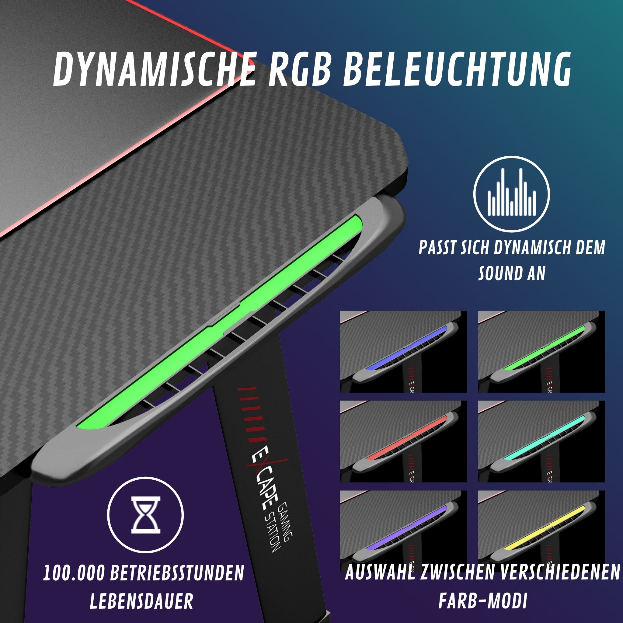 EXCAPE Gaming Tisch A14 mit LED Beleuchtung 140cm (+10cm Extensions) - Beine in A-Form Carbon-Optik, Schreibtisch Gaming-Getränkehalter, Kopfhörerhalte -PC Tisch Gamer Desk, Größe:140cmx60cm