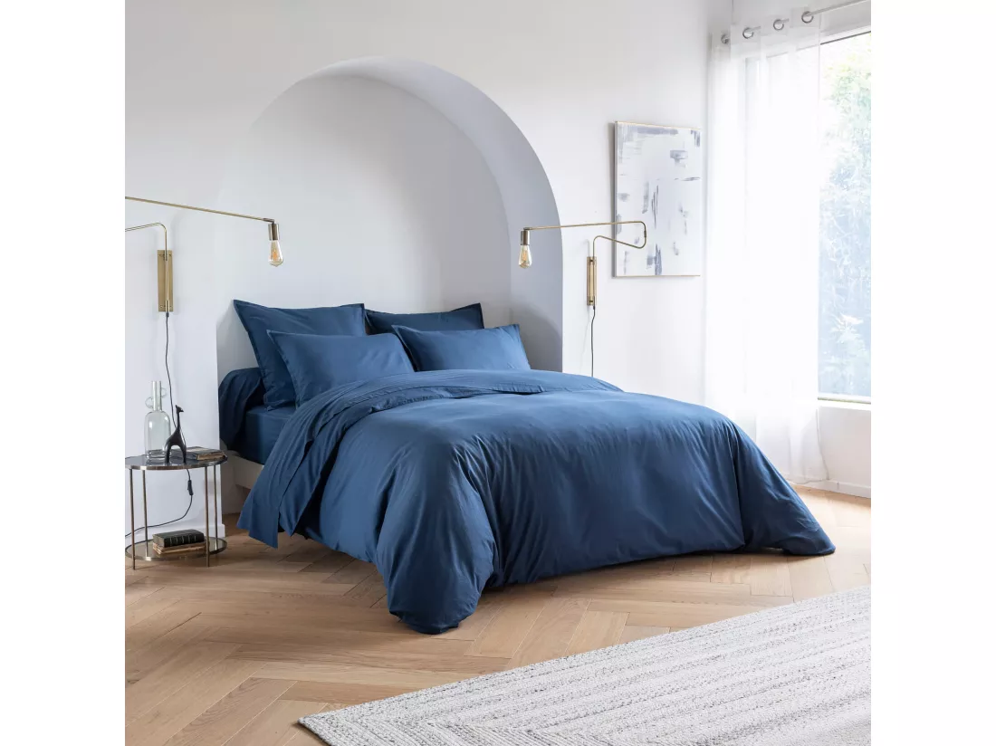 Parure de lit coton lavé - SOMEO Bleu marine 140x200 - CELESTE