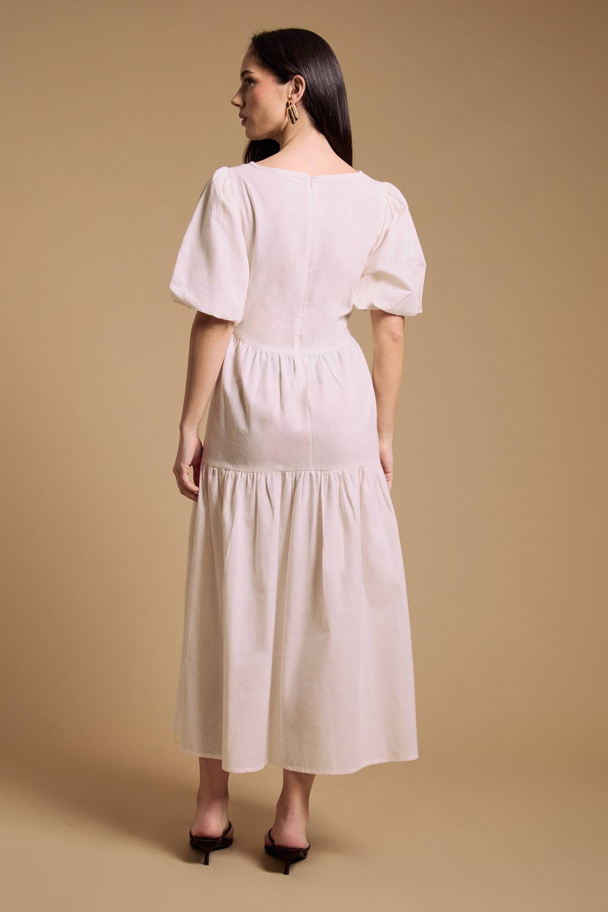 Oasis Robe Midi En Coton À Manches Bouffantes