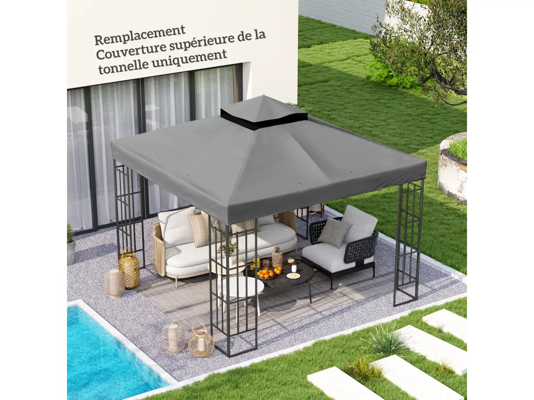 Toile de rechange barnum tonnelle 3 x 3 m - toit double avec œillets drainage - polyester haute densité 370 g/m² gris