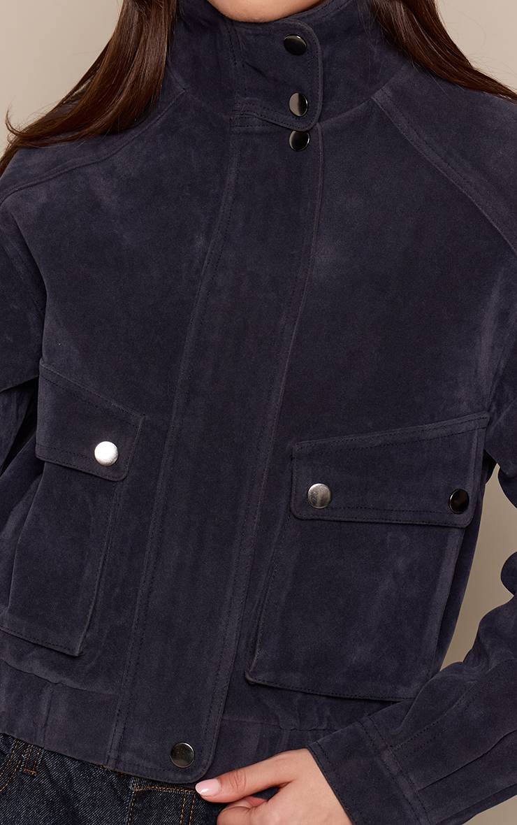 Bleu Marine Blouson Aviateur Court En Synthétique Col Montant Avec Poches Utilitaires