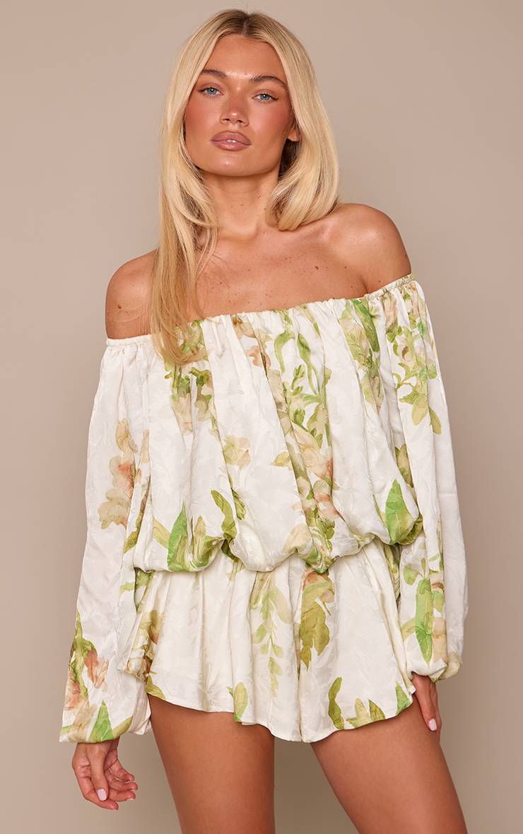 Crème Combi-short Fluide À Imprimé Floral Jacquard Satiné Et Encolure Bardot