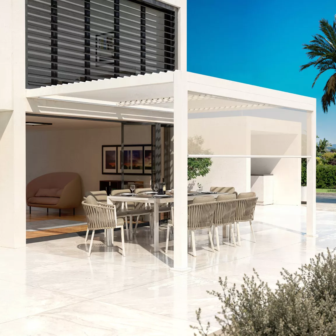Pergola bioclimatique Adossée motorisée aluminium et LED (3 x 4 m) Blanc