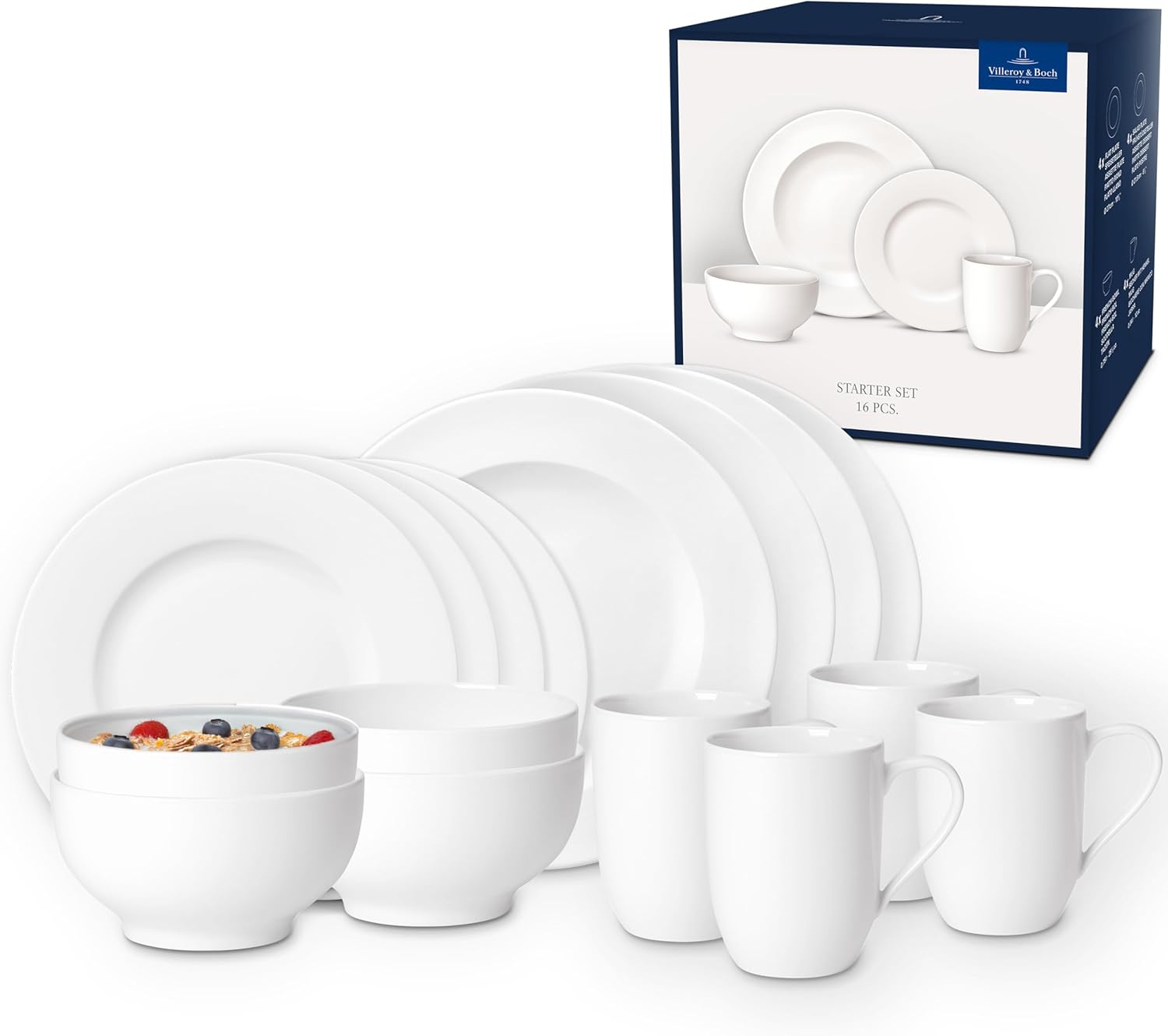 Villeroy & Boch – For Me Starter-Set 16 Teilig Für 4 Personen, Geschirrset Weiß, Kombiservice Weiß, Teller, Tassen, Bowls, Premium Porzellan