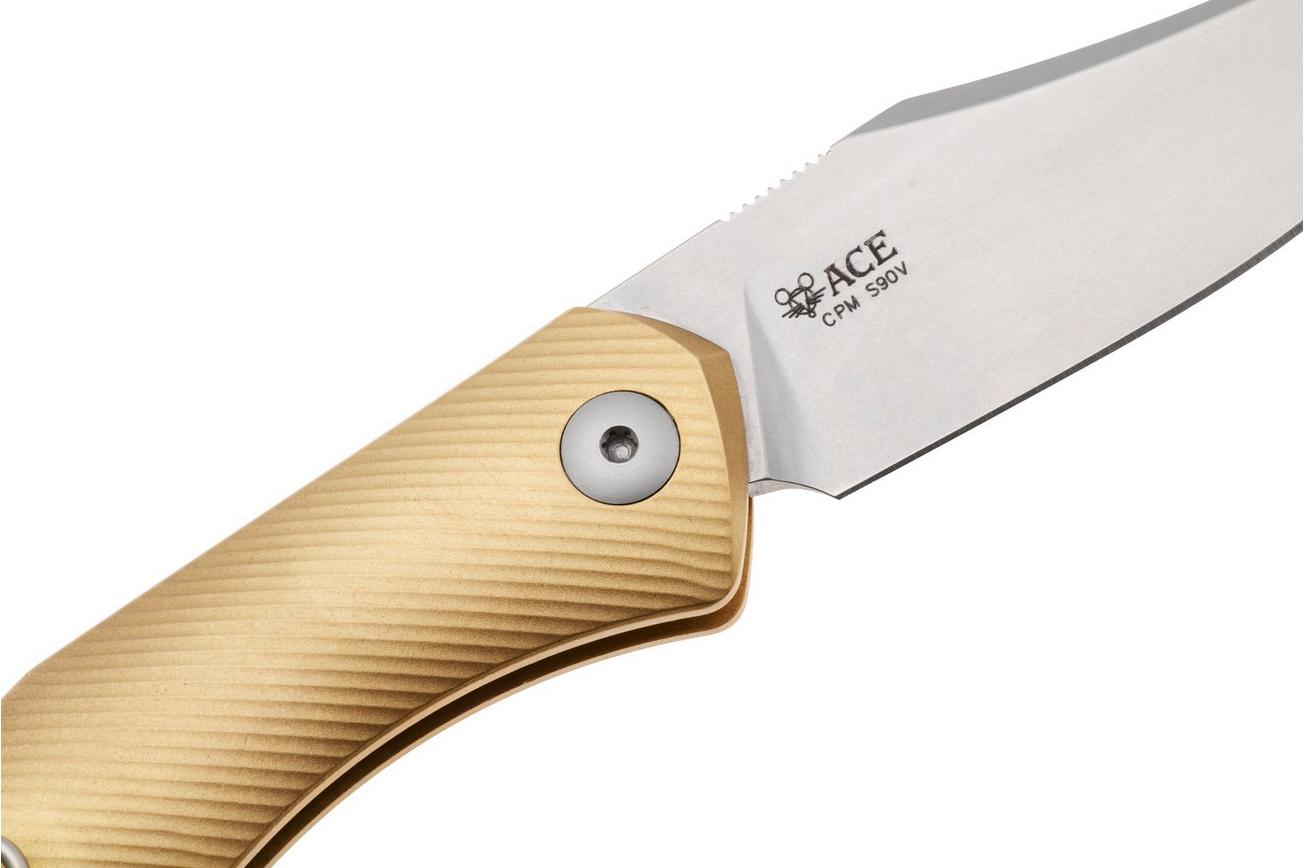 GiantMouse ACE Jutland JUTLAND-SJ-BRASS, Stonewashed CPM S90V, Milled Brass zakmes, Ansø en Voxnaes design