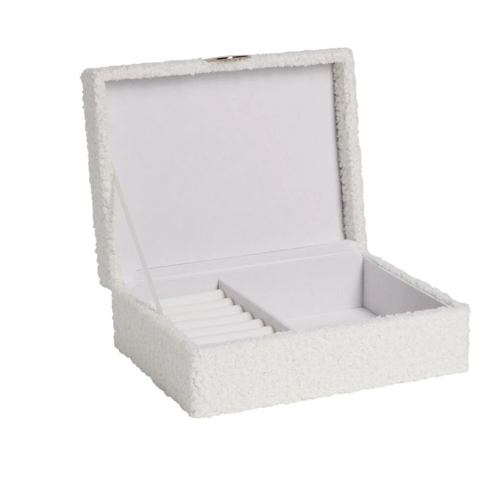 Boîte à bijoux en bois revêtement tissu bouclette blanc