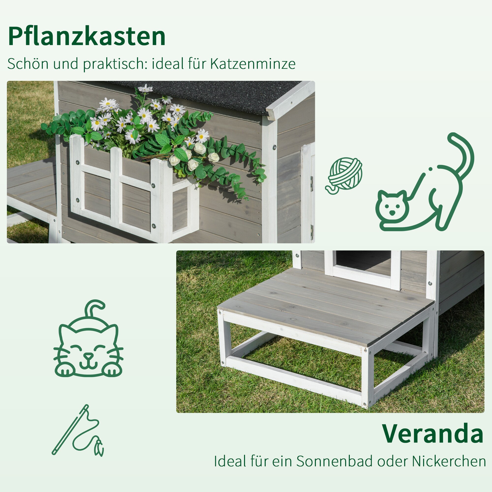 PawHut Katzenhaus mit Terrasse und Balkon grau, weiß 115 x 66,5 x 74,7 cm (LxBxH)