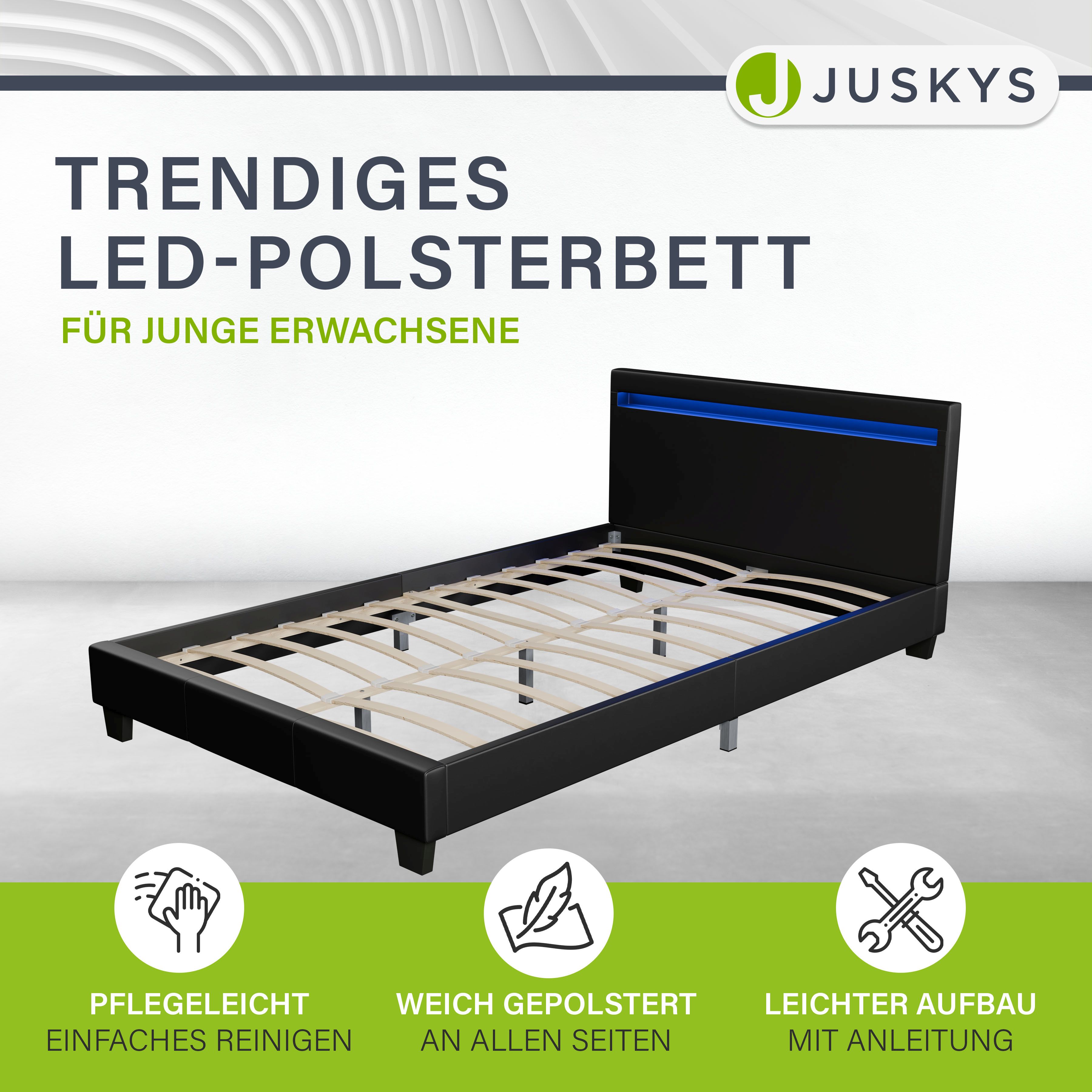 Juskys Polsterbett Verona 120 x 200 cm – Bett mit LED-Beleuchtung, Lattenrost & Kopfteil Schwarz