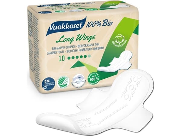 Vuokkoset Vuokkoset, 100% BIO, Sanitary pads with wings Long, 10 pcs. - VUK5857