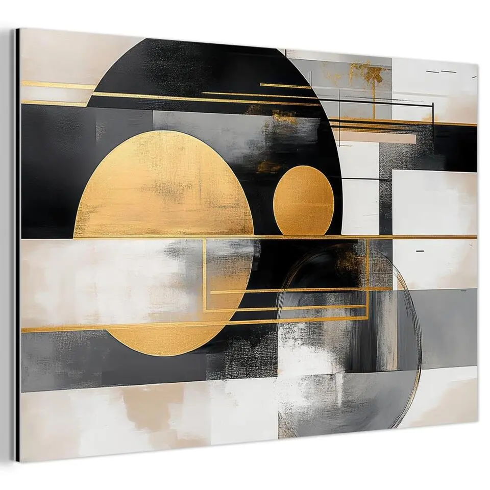 MuchoWow Aluminium Schilderij 90x60cm Abstract Goud Zilver Vormen