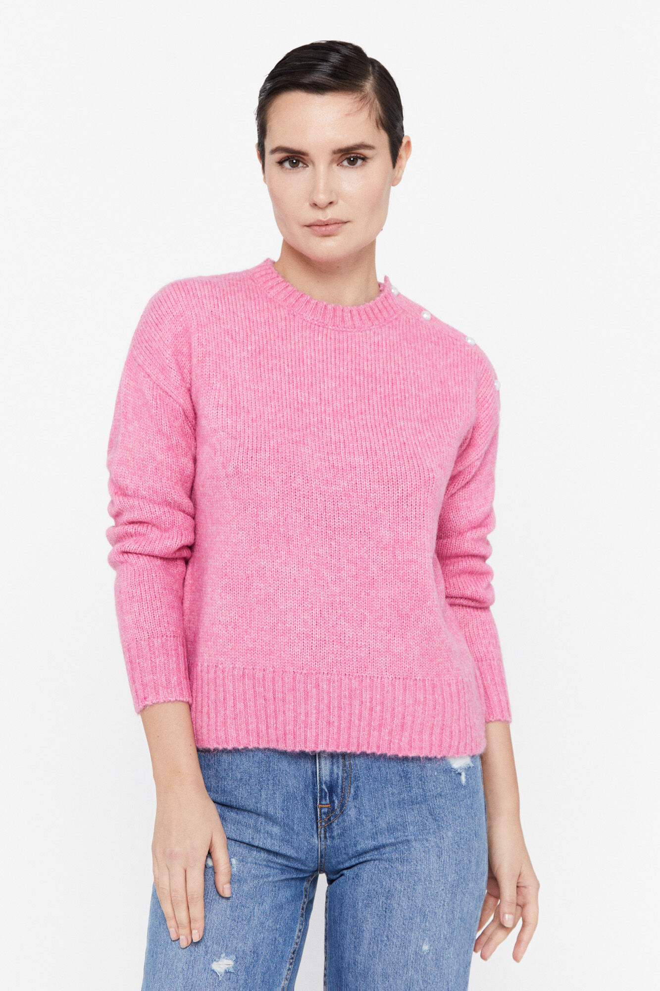 Camisa de malha com botões de pérola - Rosa