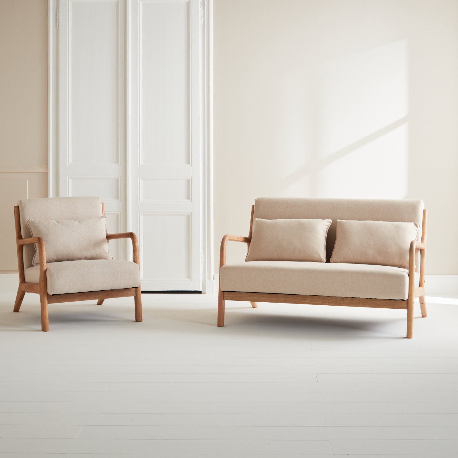 Banquette 2 places + fauteuil en bois et tissu beige