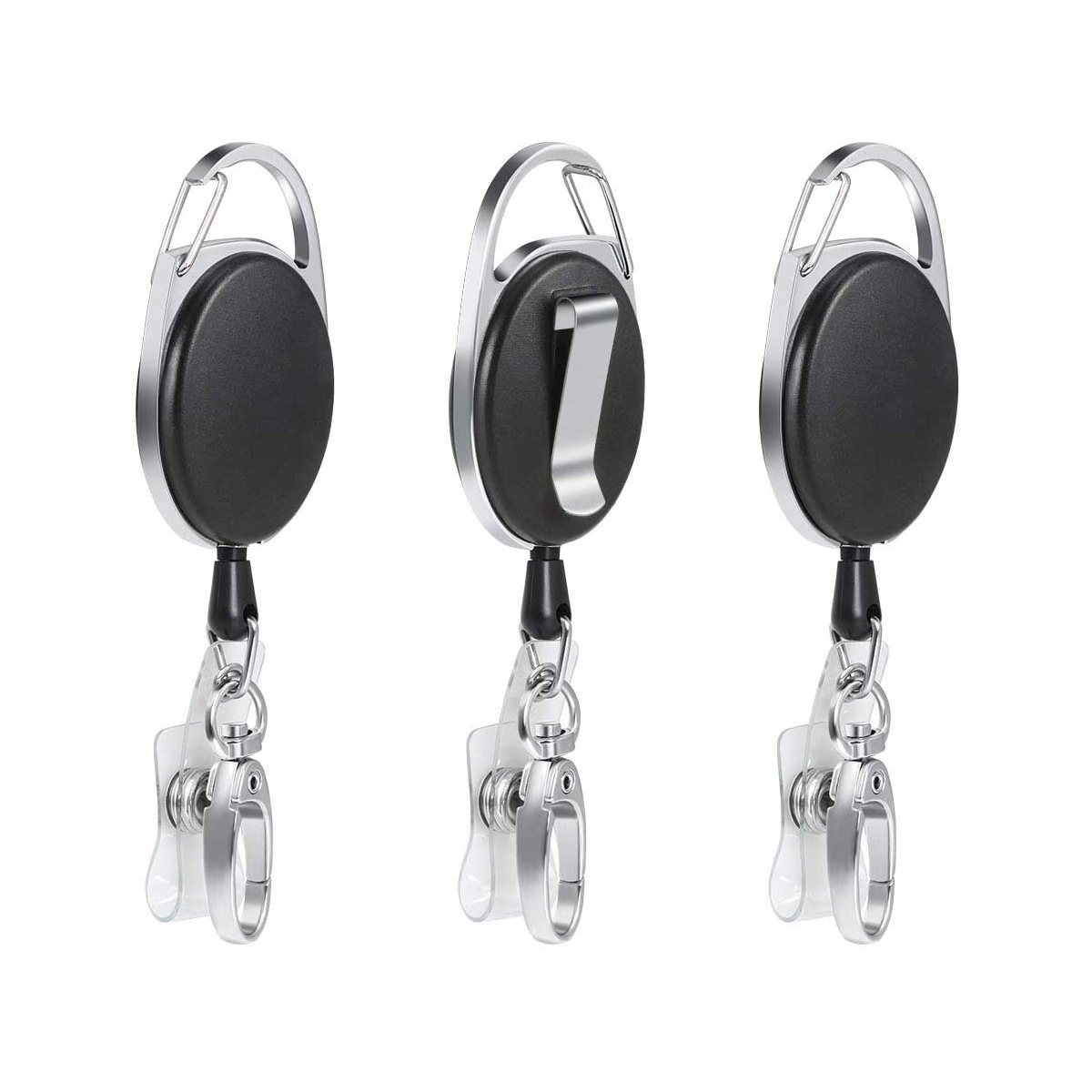 (3er Set) Anti-Lost Key-Bak Schlüsselanhänger mit Gürtelclip   Kartenhalter - Schwarz / Silber