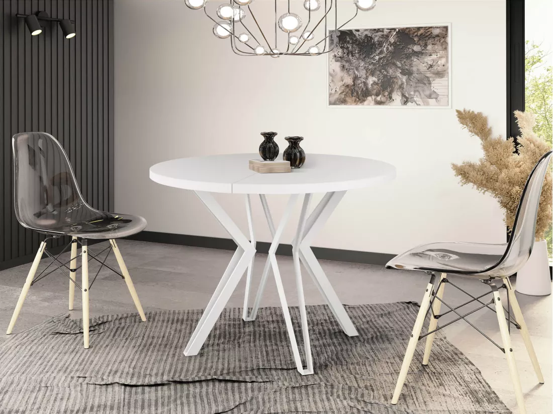 Table Ronde Salle à Manger - 100/176 Cm De Diamètre - Table à Rallonges Avec Pieds En Métal Blanc - Style Industriel - Compacte - Blanc